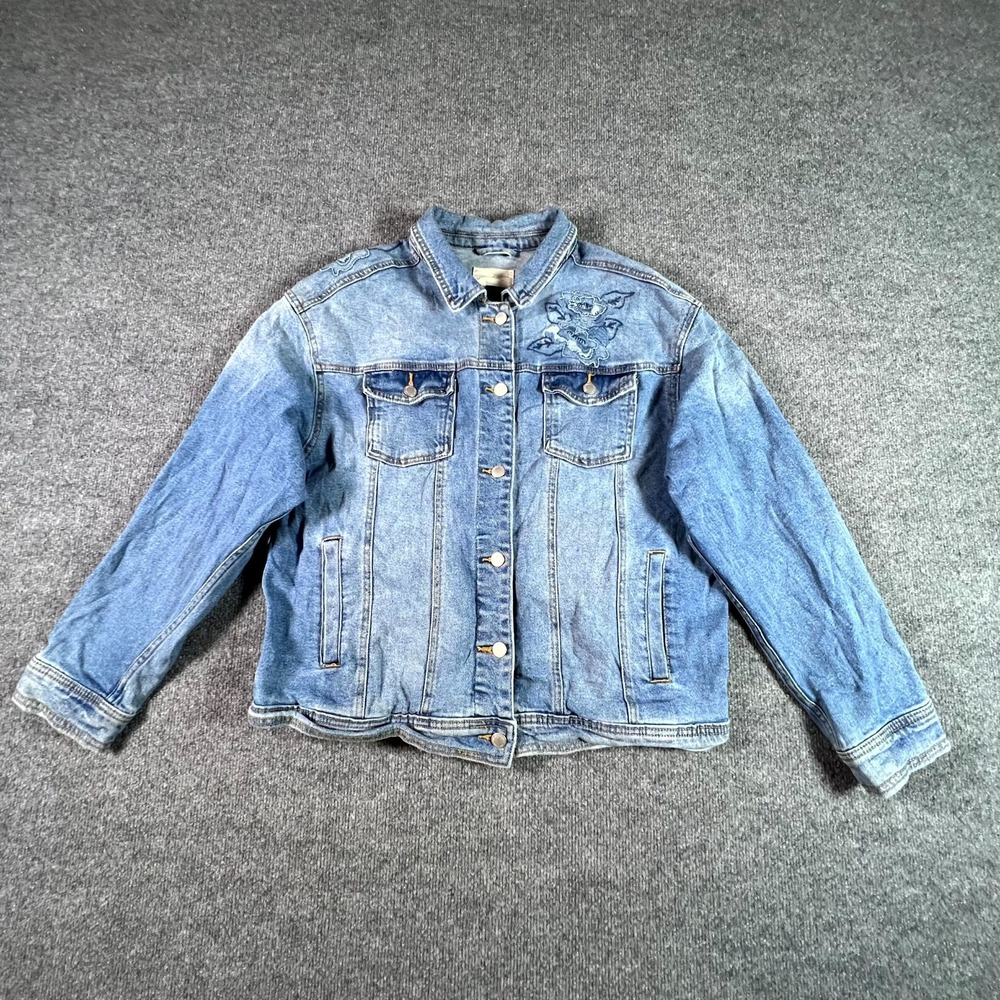 Universal Thread Jacket Women's Large Blue Denim Floral Embroidered Button Front